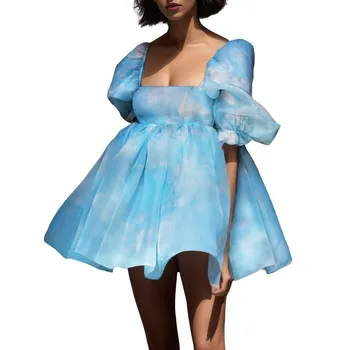 Винтажное платье с цветочным принтом, сарафан с пузырчатыми рукавами и высокой талией, пышное платье в стиле ретро, свободное французское платье Vestidos