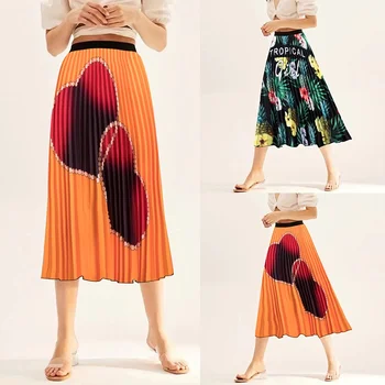 Новая юбка с принтом в стиле ретро, повседневные плиссированные юбки средней длины с рисунком любви