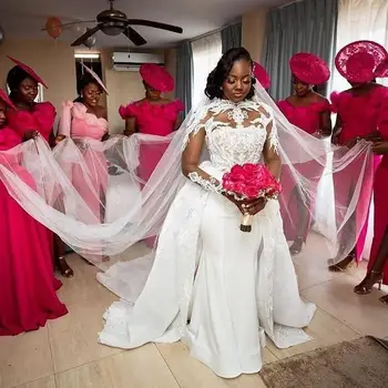 Великолепные свадебные платья русалки больших размеров с кружевной аппликацией и шлейфом с длинными рукавами Свадебные платья Vestido