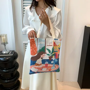 Youda Новая стильная сумка через плечо из холщовой ткани для женщин, простая милая сумка с мультяшным рисунком, большие повседневные сумки для покупок