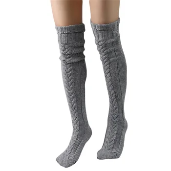 Женские трикотажные чулки средней длины с хлопковым ворсом, носки до бедра в стиле колледжа, зимние однотонные леггинсы выше колена