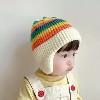 Детские шапки Осень-зима, корейские вязаные шапки, цветные шерстяные шапки для маленьких девочек и мальчиков, теплые защитные шапки для ушей, приливные пуловеры, шапки
