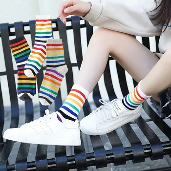 3 Пары полосатых радужных женских носков из хлопка Crew Красочные Корейские Уличные Женские длинные носки Sweet College