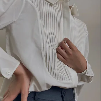 Новая женская рубашка 2023 года, бело-синяя однотонная рубашка с длинными рукавами, плиссированная планка спереди, рубашки с отложным воротником для женщин