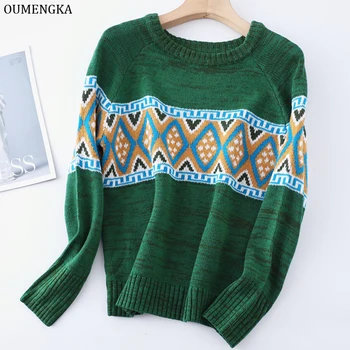 Осенне-зимний пуловер с круглым вырезом, Женский винтажный геометрический свитер, Вязаные топы с длинным рукавом, Инди-фолк, Повседневная уличная одежда, Женская