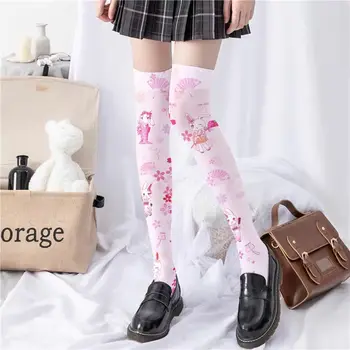Дышащий цветок выше колена для девочек, женские длинные носки Sakura, чулки JK, Корейские носки для гольфа, носок с ворсом 