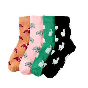 Весенне-осенние повседневные хлопчатобумажные женские носки с рисунком слона, кролика, лисы, овцы, животных, носки со средней трубкой для экипажа
