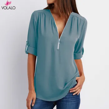 VOLALO 2023, Весенне-летние свободные шифоновые блузки, рубашки, повседневные женские топы с длинными рукавами, блузки с V-образным вырезом и застежкой-молнией, женская одежда