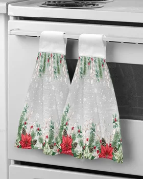 Рождественские полотенца для рук с ягодами ели Пуансеттии, ткань для подвешивания из микрофибры, ткань для быстрой химчистки, Рождественское Кухонное полотенце