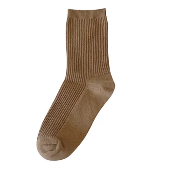 Осенне-зимние носки-трубочки Женские кофейного цвета в вертикальную полоску, носки с набивным ворсом кофейного цвета, простые коричневые универсальные нейтральные носки