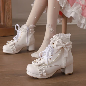 Осень 2023 года, милые короткие сапоги из бисера в стиле Лолиты для принцессы с бантом и оборками, розово-белая обувь для девочек 7 9 10 12 14 16 18