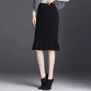 Трикотажные юбки с разрезом, высокая талия, эластичные оборки, модная эластичная юбка средней длины, повседневная женская одежда, прямая доставка T411