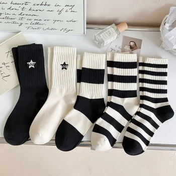 5 Пар женских носков в черно-белую полоску, женские спортивные носки с вышитой пентаграммой в минималистичном стиле, хлопчатобумажные носки