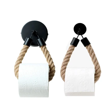 Ретро Держатель рулона туалетной бумаги, Матовое Черное винтажное стальное кольцо для бумажных полотенец для домашнего стеллажа, наклейка на стену, Джутовая веревка