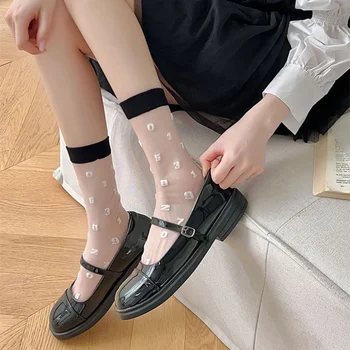 Летние женские носки повседневные с буквенным принтом, черные эластичные длинные носки, женские ультратонкие прозрачные шелковые носки с кристаллами, белые оптом