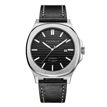 Модные мужские часы Parnis 42 мм с черным циферблатом, автоматические Механические часы, Календарь из сапфирового стекла, Кожаный ремешок, роскошные часы для мужчин 2023 г.