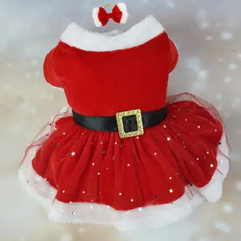 Праздничное платье для домашних животных, блестящее сетчатое платье для домашних животных, праздничное платье для домашних животных, блестящий костюм Санты с лентой для волос для рождественских фотографий