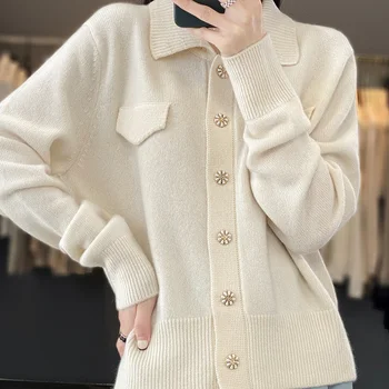 Женский осенне-зимний кардиган из 100% шерсти, поло, однотонный свитер на пуговицах, морозостойкая одежда, роскошная блузка