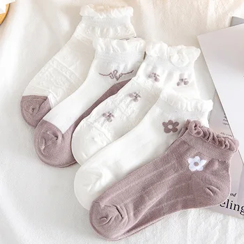 Комплект из 5 пар, женские короткие носки-лодочки с цветочным рисунком, без показа, Милые кружевные носки, дышащие Весенне-летние Мягкие дышащие модные носки
