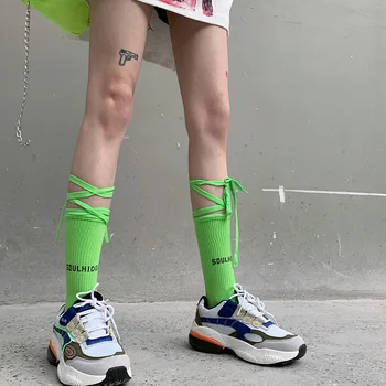 Модные зеленые мужские носки Street Cool в стиле хип-хоп, флуоресцентный Желтый цвет, унисекс, женщины, мужчины, длинные носки с лентой, хлопковые забавные носки, счастливые