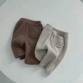 Корейские Детские брюки 2023 Осень Для малышей, однотонные Простые Повседневные брюки для мальчиков и девочек, хлопковые клетчатые Свободные брюки для младенцев