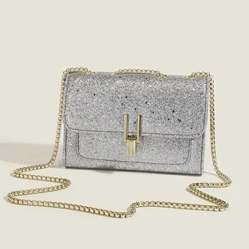 Женская сумка 2023, новые модные блестящие сумки, женская сумка через плечо на цепочке, маленькая квадратная сумочка, женские вечерние сумки на плечо