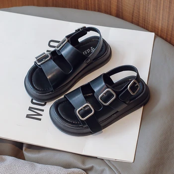 Летние детские дизайнерские сандалии, Кожаные сандалии, повседневная пляжная обувь для маленьких девочек с открытым носком, обувь на толстой подошве в форме планок от 3 до 16 лет