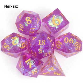 7 шт. Фиолетово-розовая смола, золотой номер, кубики с острыми краями, Многогранные кубики, подходящие для настольной ролевой игры RPG