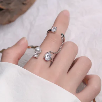 Комбинация из стерлингового серебра 925 Пробы с открытыми кольцами, жемчугом, цирконием, длинной цепочкой с кисточкой, кольцо на палец для женщин, модные вечерние украшения для девочек