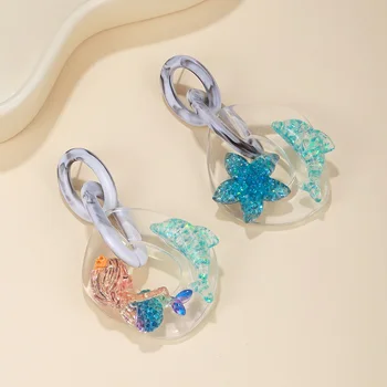 Милые серьги-капли в виде дельфина, морской звезды и Русалки из смолы, женские модные пляжные украшения для вечеринки
