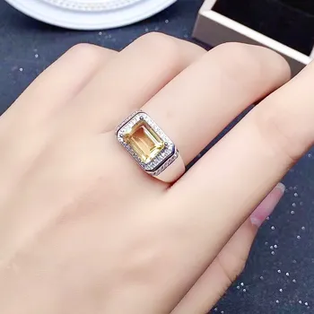 Мужское кольцо из натурального желтого цитрина прямоугольные кольца стерлингового серебра 925 пробы с драгоценным камнем 2,3 карата, ювелирные украшения для мужчин и женщин X211037