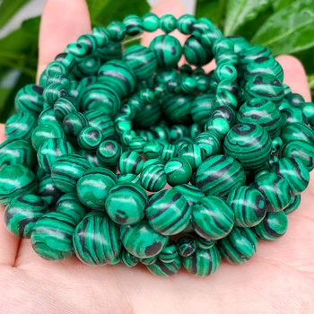 Натуральный Зеленый малахит, Гладкие круглые бусины для изготовления ювелирных изделий, браслеты 
