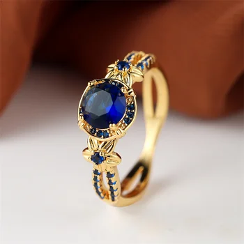 Роскошное женское кольцо с синим кристаллом, очаровательные кольца из желтого золота, свадебные кольца с камнями для женщин, обручальное кольцо с цирконием для невесты