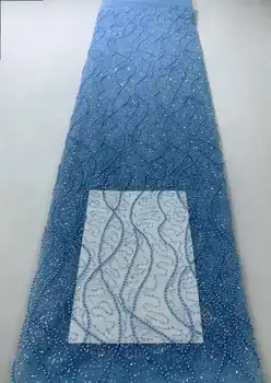 2023 Нигерийская кружевная ткань Новейший дизайн Вышивка Французский тюль 5 ярдов женская мода Африканское голубое кружево с блестками свадебное кружево