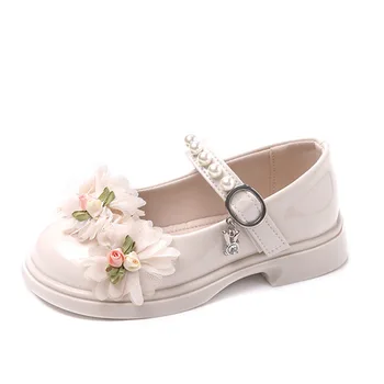 Детская кожаная обувь для девочек, детские вечерние туфли на плоской подошве с цветочным узором, танцевальная обувь принцессы для малышей от 4 до 9 лет TB8880