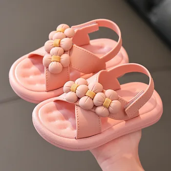 Детские сандалии с милым цветком для девочек, мягкая противоскользящая подошва, детская пляжная обувь для маленьких, средних и крупных детей