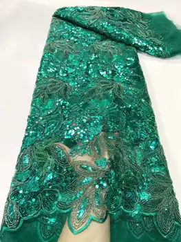 Оптовая продажа высококачественной африканской зеленой кружевной ткани с 3D блестками, 5 ярдов, материал для свадебной вечеринки, Вышивка, французская ткань, шитье своими руками