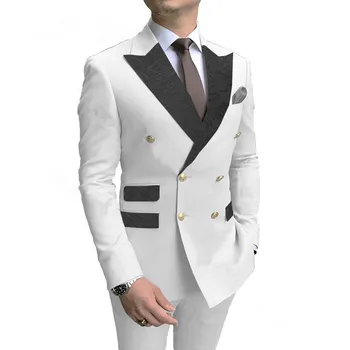 Белые двубортные мужские костюмы, 2 предмета, цветочный узор, остроконечный лацкан, Приталенный Свадебный смокинг Жениха, мужской модный костюм Homme