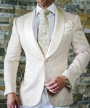 Свадебные мужские костюмы 2022 Slim Fit цвета слоновой кости Жаккардовые комплекты блейзеров на одной пуговице Изготовленный на заказ костюм джентльмена большого размера Элегантное платье из 2 частей