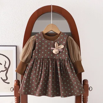 Детская одежда, комплект из двух предметов для девочек, осень 2023, новая нижняя рубашка и платье