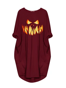 Женское платье для сна на Хэллоуин, свободный вырез, длинный рукав, Гримаса, Боковой карман, платье для сна, ночная рубашка