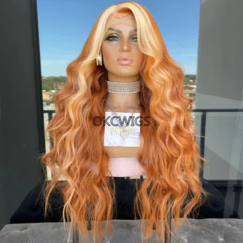 Яркий блондинистый длинный синтетический парик на кружеве спереди, Джинджер для женщин, кружевной парик с объемной волной, парики для косплея из высокотемпературного волокна