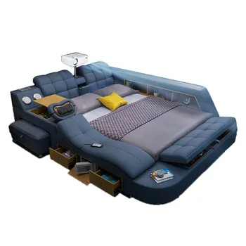 Технологичная умная кровать из натуральной кожи, многофункциональные кровати с обивкой Ultimate Massage Camas с подсветкой, Bluetooth, динамиком, проектором