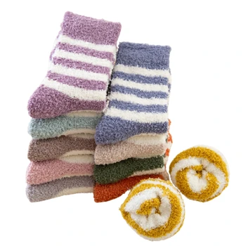 Осенне-зимние носки в полоску из кораллового флиса, утепленные женские теплые носки для сна, подарок для девочек, Харадзюку Оптом
