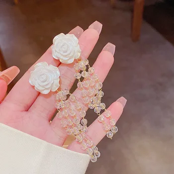 Корейские модные украшения, серьги с длинными хрустальными кисточками в виде белых цветов и роз, Милые и Элегантные Серьги для женщин Oorbellen Оптом