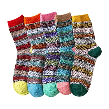 5 пар смешанных цветов унисекс Короткие носки в этническом стиле в цветочную полоску Sokken, зимние утолщенные и теплые женские шерстяные носки