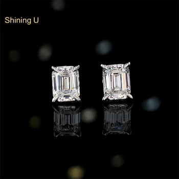 Серебряная серьга-гвоздик Shining U S925 с высокоуглеродистым бриллиантом для женщин, свадебные украшения изумрудной огранки