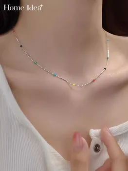Милое женское Серебряное ожерелье с разноцветным бисером S925, короткая цепочка для ключиц, подарок на День рождения, ювелирные изделия