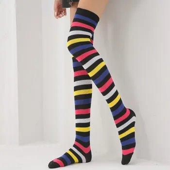 Женские разноцветные чулки в цветную полоску длиной до колена Для тепла и холода, высокие носки, колготки с подвязками