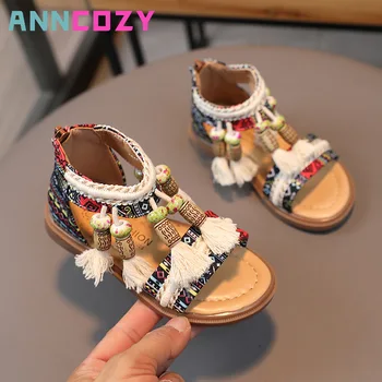 Римские сандалии для девочек 2023, Летняя обувь принцессы в этническом ретро стиле, модные кисточки, детская обувь, нескользящие сандалии на плоской подошве с мягкой подошвой